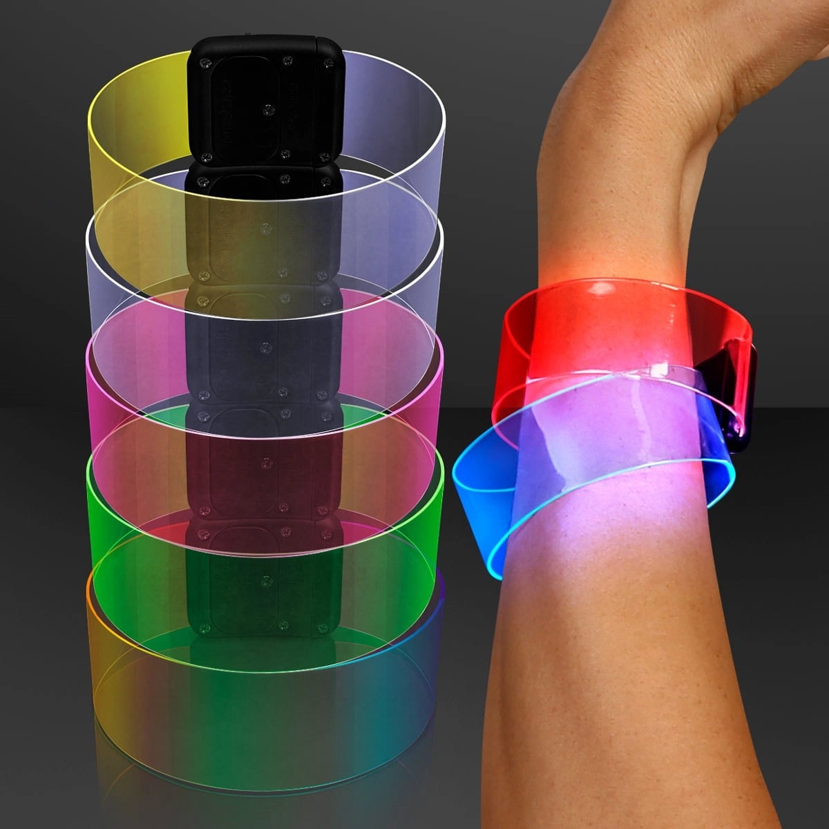 On the left, a stack of six colorful Cosmic LED Magnetic Clasp Bracelets is displayed; on the right, red and blue bracelets glow on a wrist against a dark background.