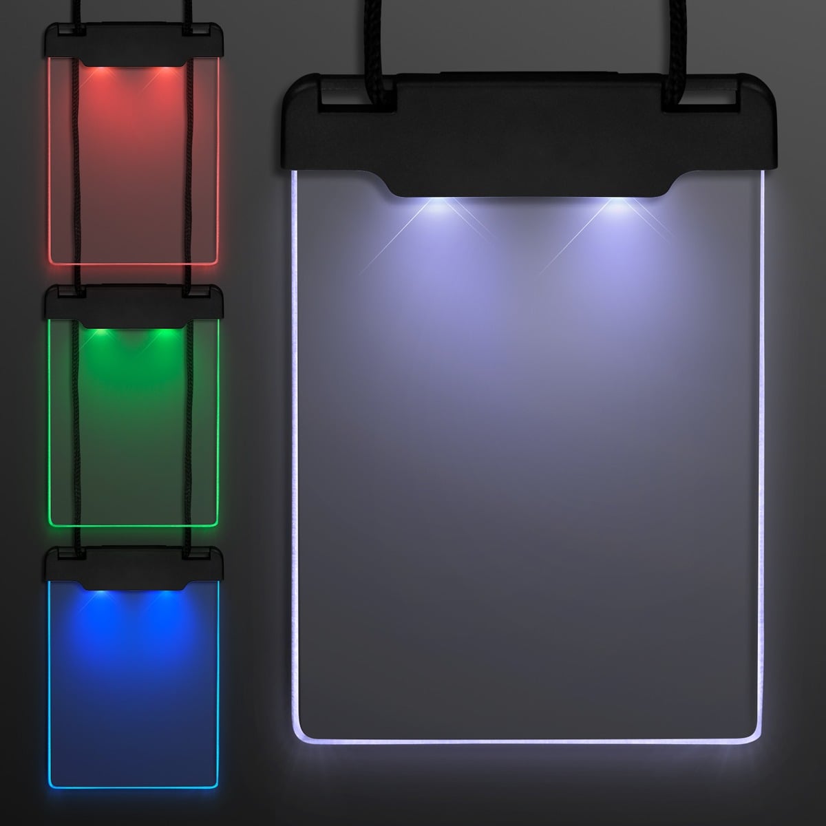 Four Space Glow Light Badge Necklaces are shown: the largest glows white with dual top lights, a black clip, and cord; three smaller ones on the left glow red, green, and blue, each sharing the same design features.