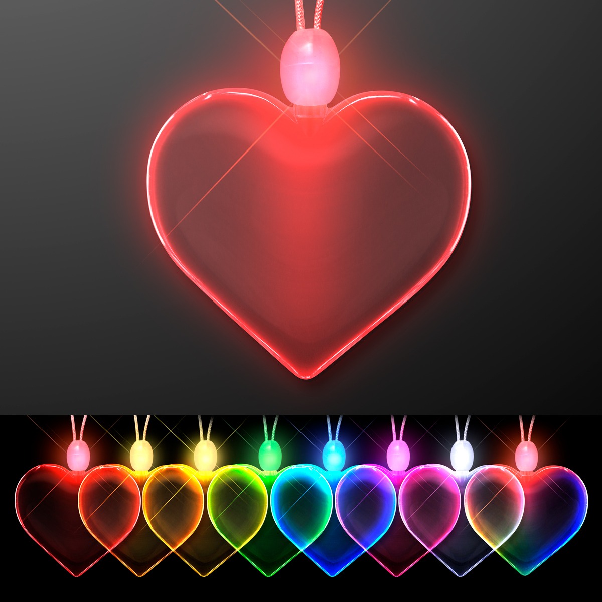 The Light Up Acrylic Heart Necklace features a glowing heart-shaped pendant on a cord, shining in vivid red, orange, yellow, green, blue, purple, and pink—all radiating brightly against black for a striking accessory.