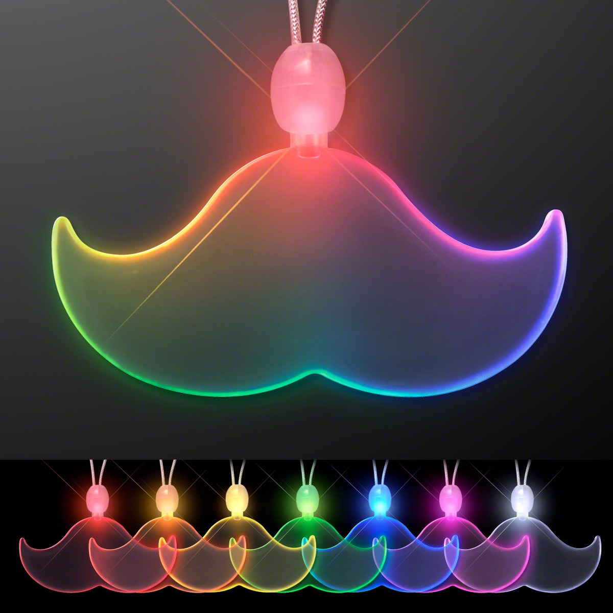 The Light Up Acrylic Mustache Necklace shines in neon hues, with six more pendants glowing vibrantly in red, orange, green, blue, pink, and white—making a bold statement against the dark background.