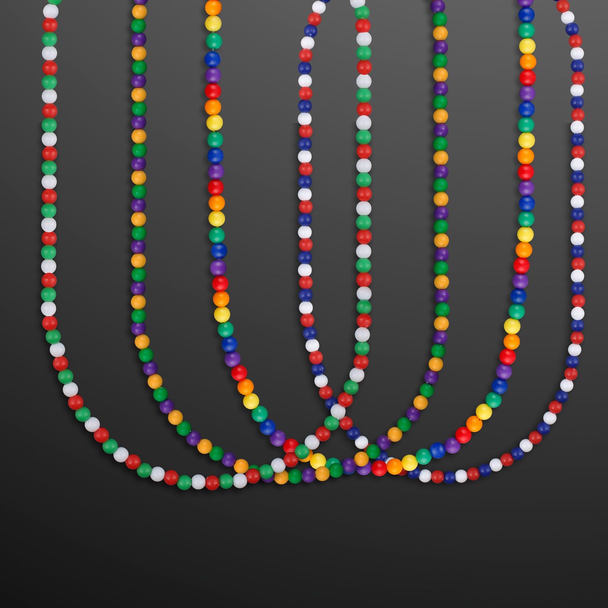 Five Breakaway Beaded Necklaces (NON-Light Up) featuring red, yellow, blue, green, orange, and white beads are arranged in loops on a dark gray background.