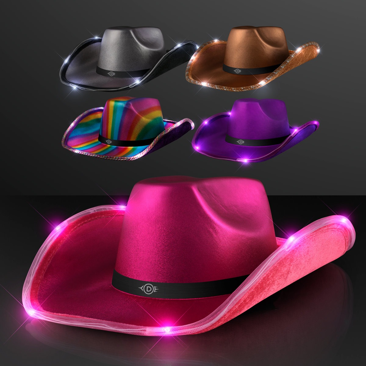 Five Shiny Light Up Cowboy Hats with Black Band—black, brown, rainbow, purple, and a large pink style—are shown on a dark background, each featuring glowing LED lights along the brim for a vibrant party look.