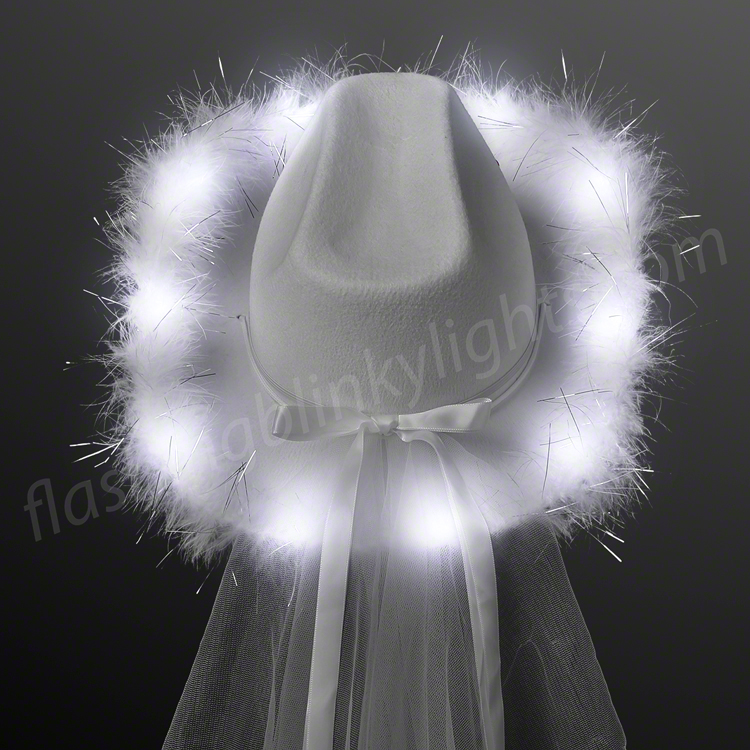 White Light Up Cowgirl Hat with Veil 