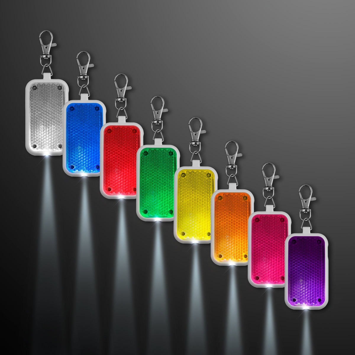 Eight Clip-On Light Safety Blinkers keychain flashlights in white, blue, red, green, yellow, orange, pink, and purple shine beams of light downward on a dark background.