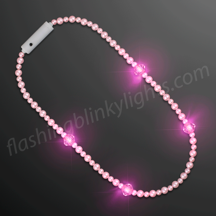 A pink beaded necklace featuring four glowing pink lights and a white clasp is displayed on a dark background, highlighting the enchanting style of the Novelty Pearl Light Up Beads Short Necklace 27".
