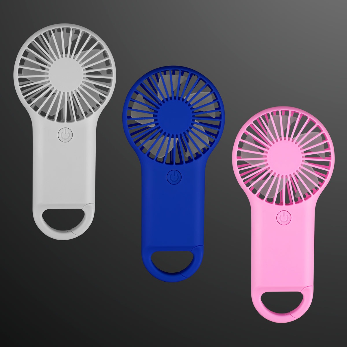 Three Deluxe Mini Fans with carabiner clasps are shown side by side on a dark gradient background in white, blue, and pink. Each features a circular grille and a power button below the blades. Non-light up design.