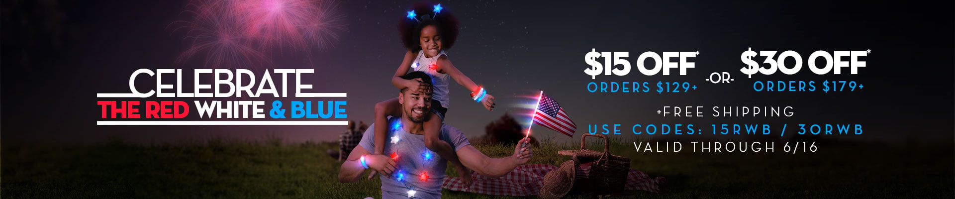 Father and daughter celebrating 4th of July with light up headwear, necklaces, and flags