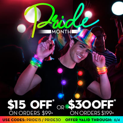 Male weairing multicolored, rainbow themes light up products at party